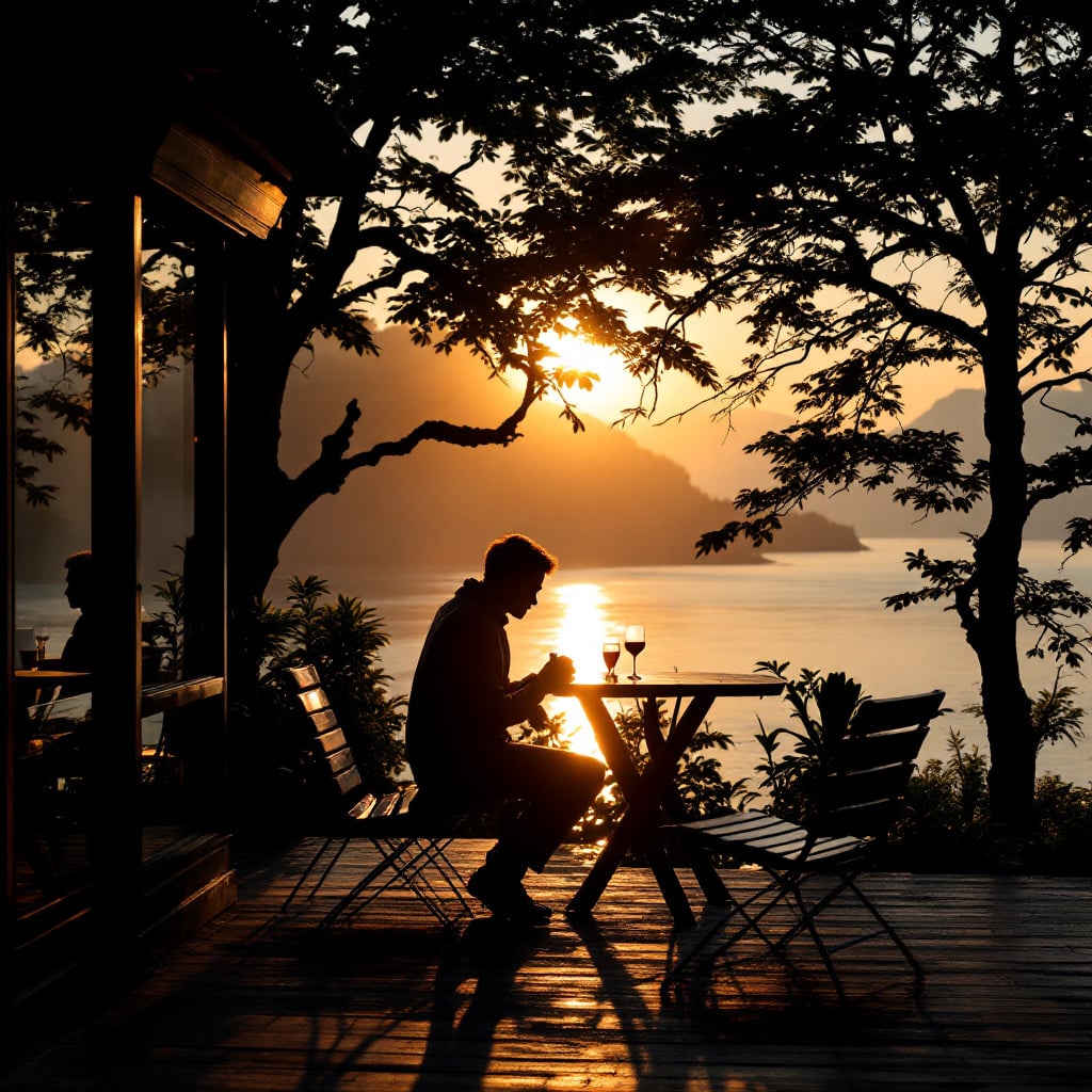 A silhouette of a person sitting at a table with drinks, overlooking a sunset by the water.