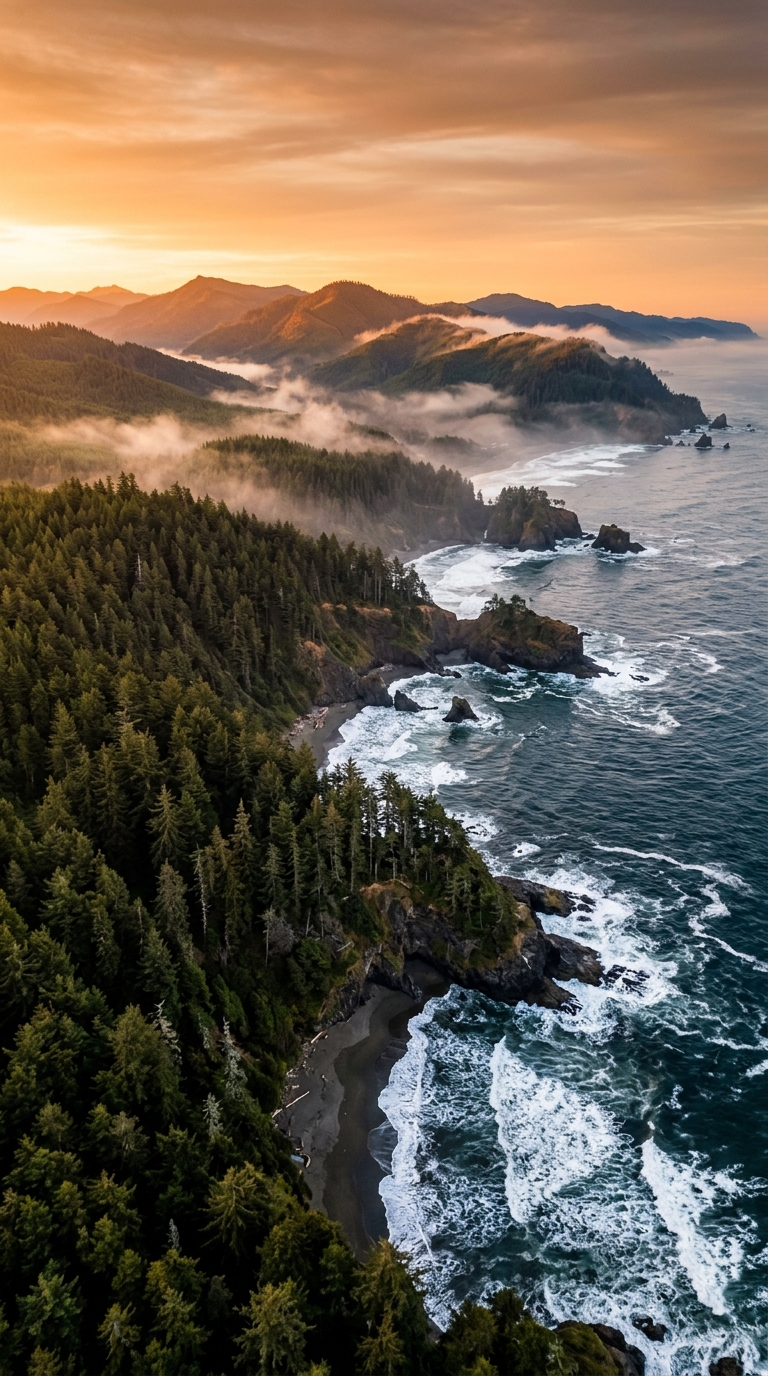 Aerial view of a coastal landscape with forests and mountains at sunset.
