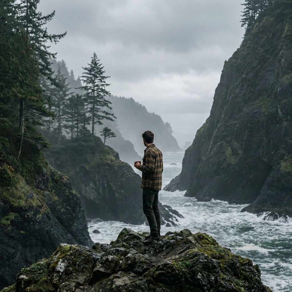 A man stands on a rocky outcrop overlooking a turbulent ocean surrounded by cliffs and trees.
