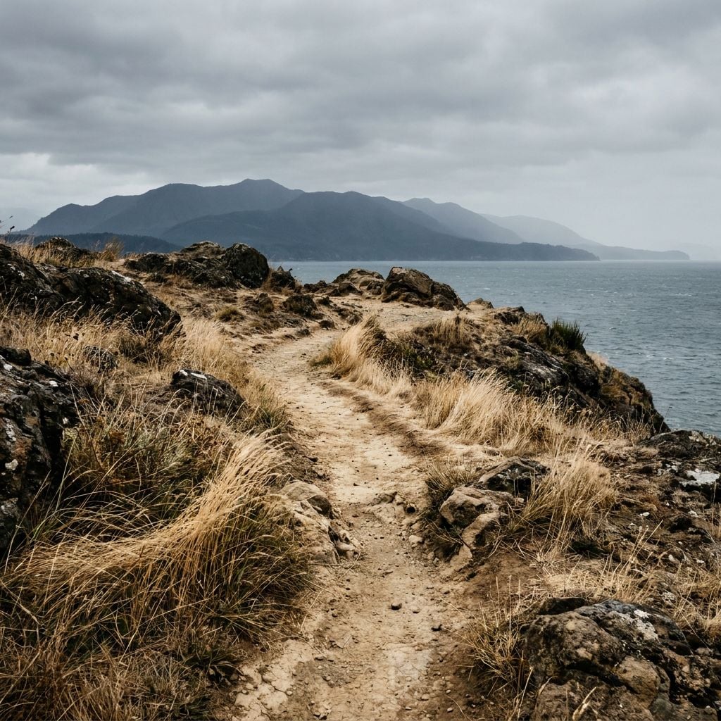 A rocky path leads along a coastal area with mountains in the background under a cloudy sky.