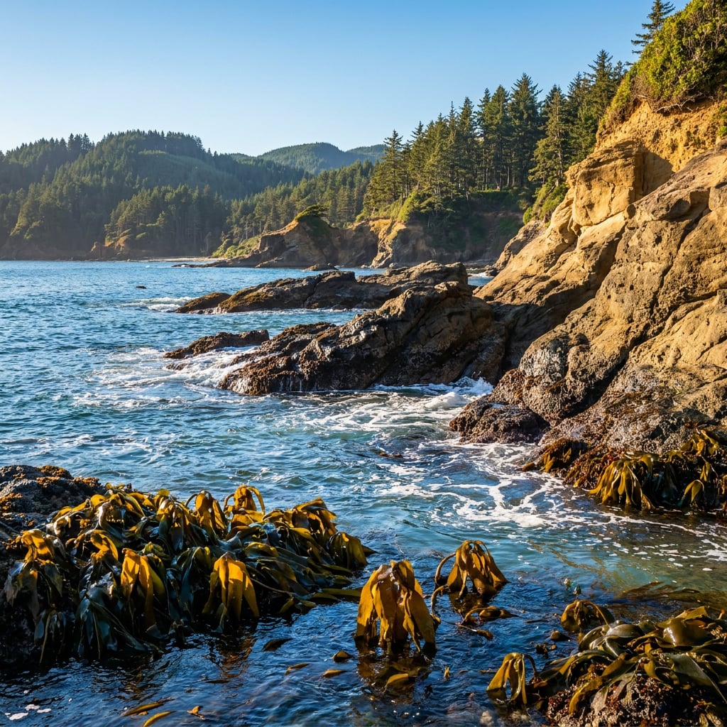 A rocky coastline with seaweed and trees in the background under a clear blue sky.