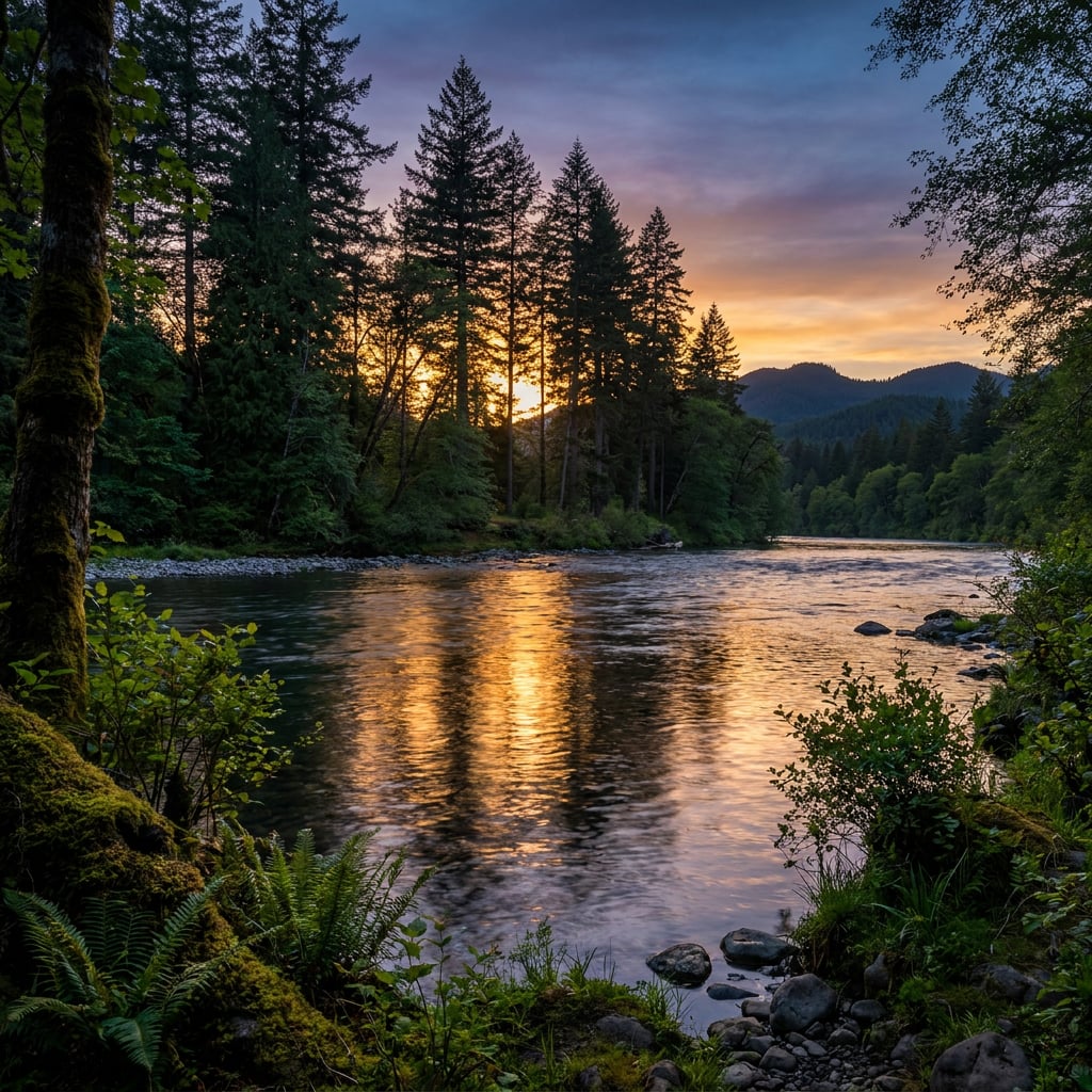 A serene river scene at sunset with trees lining the banks and mountains in the background.