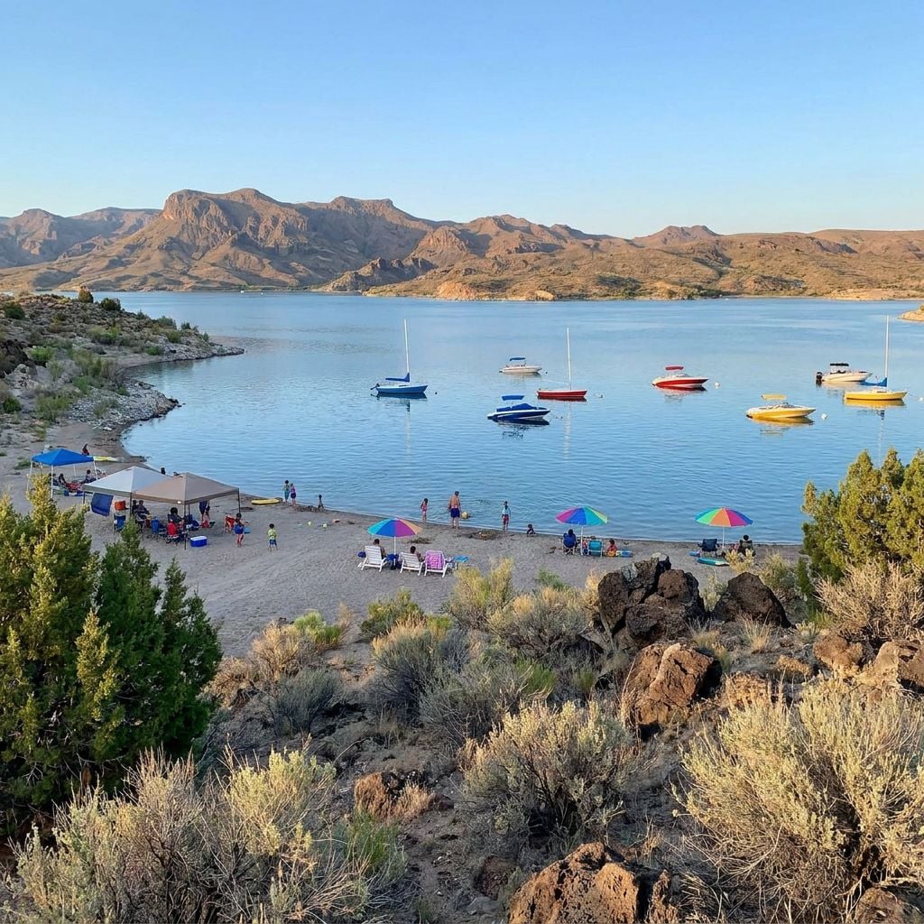 A scenic view of a lake surrounded by mountains with boats and people on the shore.