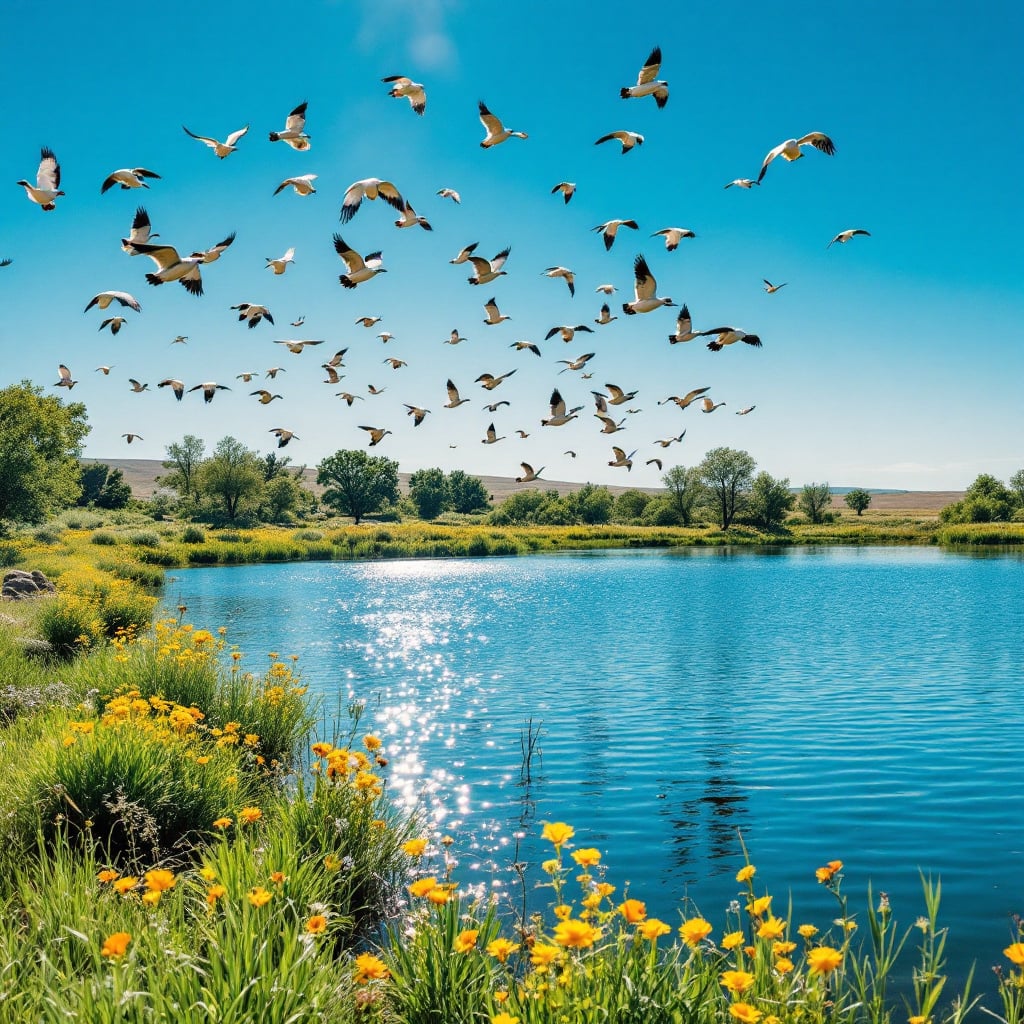 A serene lake surrounded by greenery and blooming flowers, with a flock of birds flying overhead.