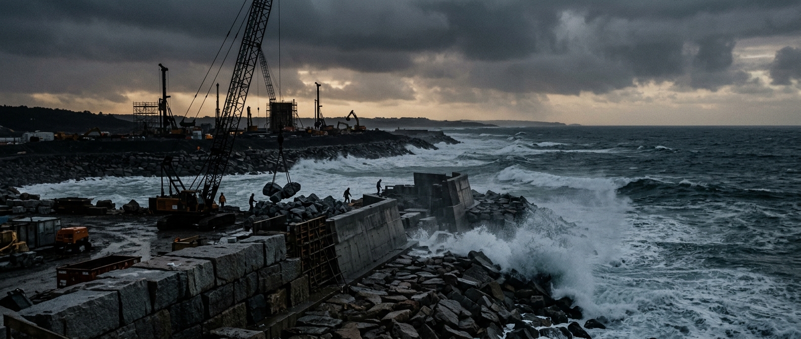 A construction site by the coast with waves crashing against the rocks under a cloudy sky.