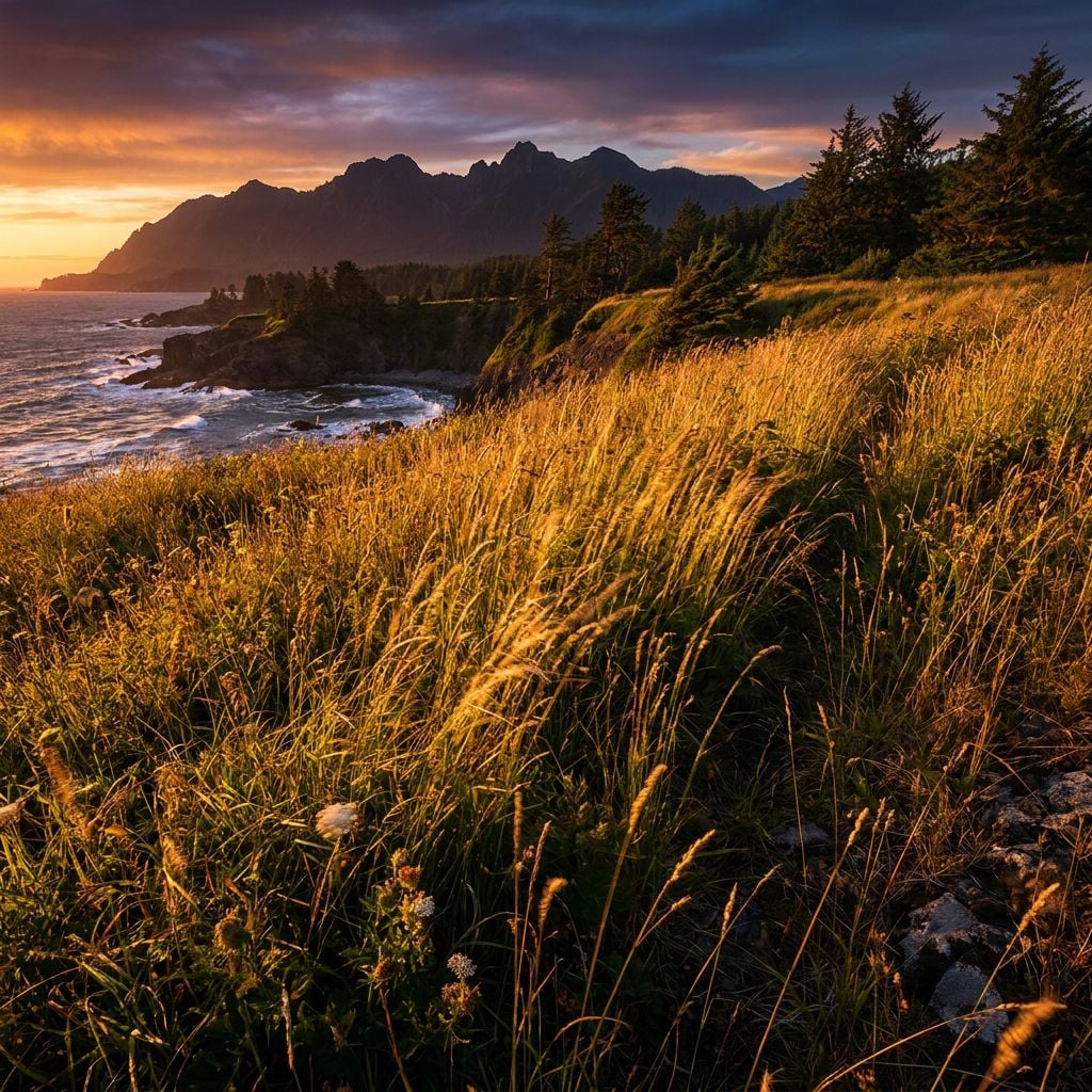 A scenic view of a coastline with mountains in the background during sunset.