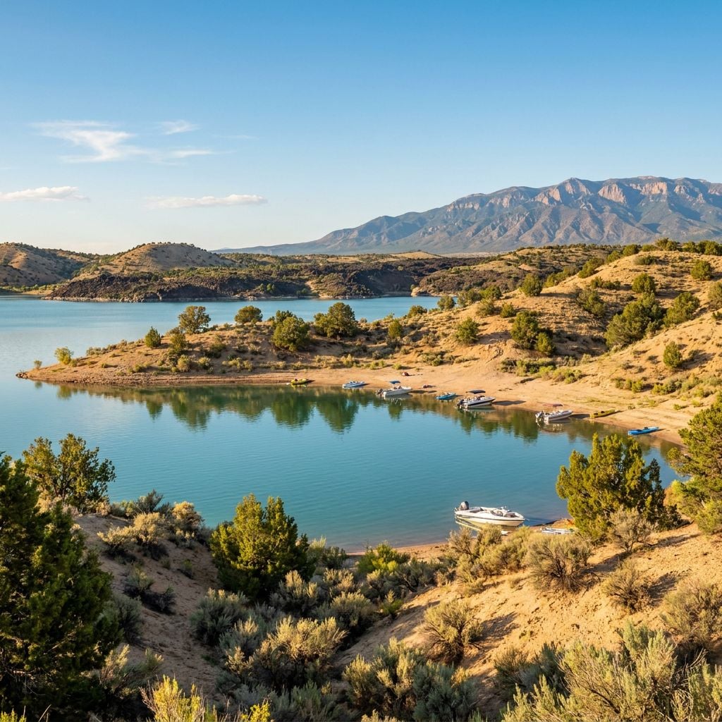 A serene lake surrounded by hills and mountains with boats anchored along the shore.