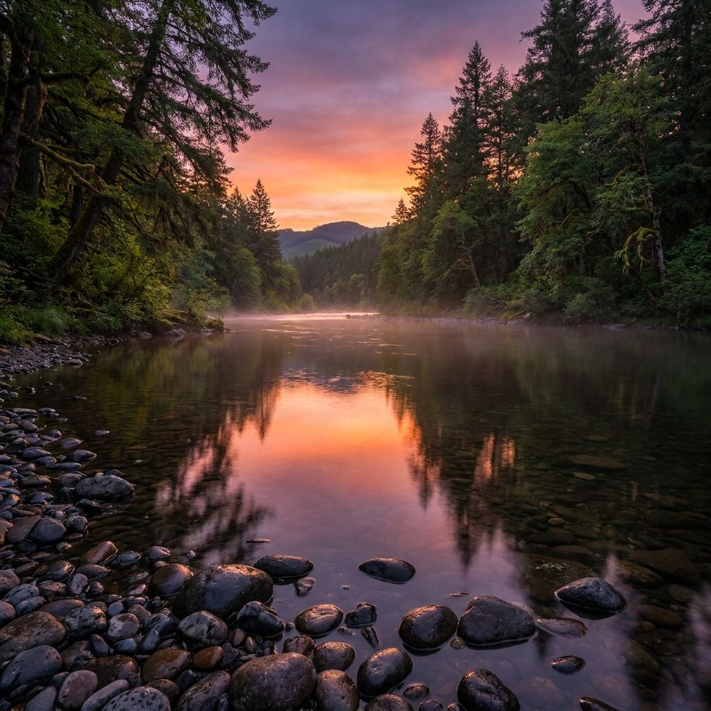 A serene river scene at sunrise with mist rising from the water and trees lining the banks.