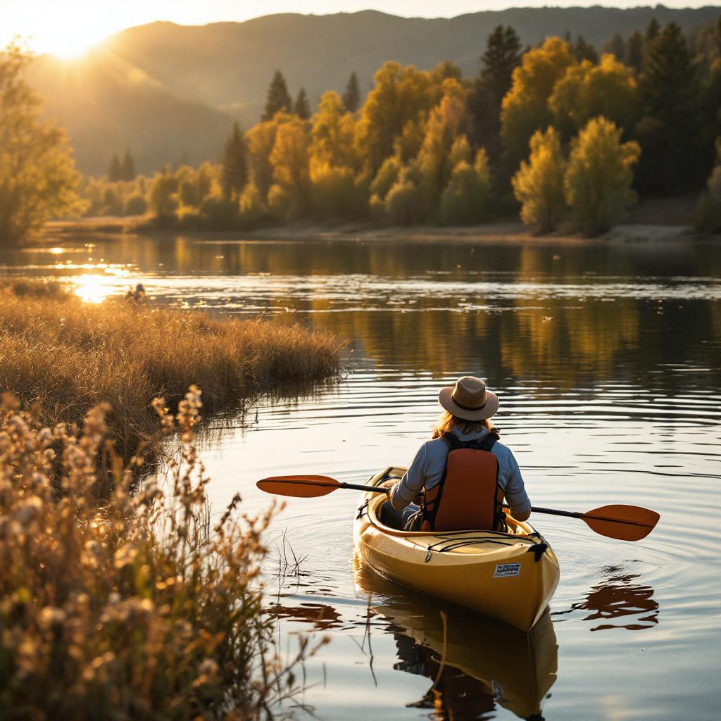 A person kayaking on a calm river during sunset.