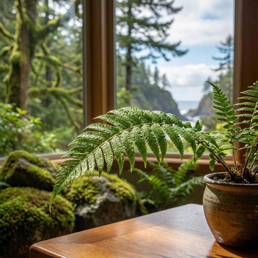 A close-up of a fern plant in a pot with a scenic view of a coastal landscape through a window.
