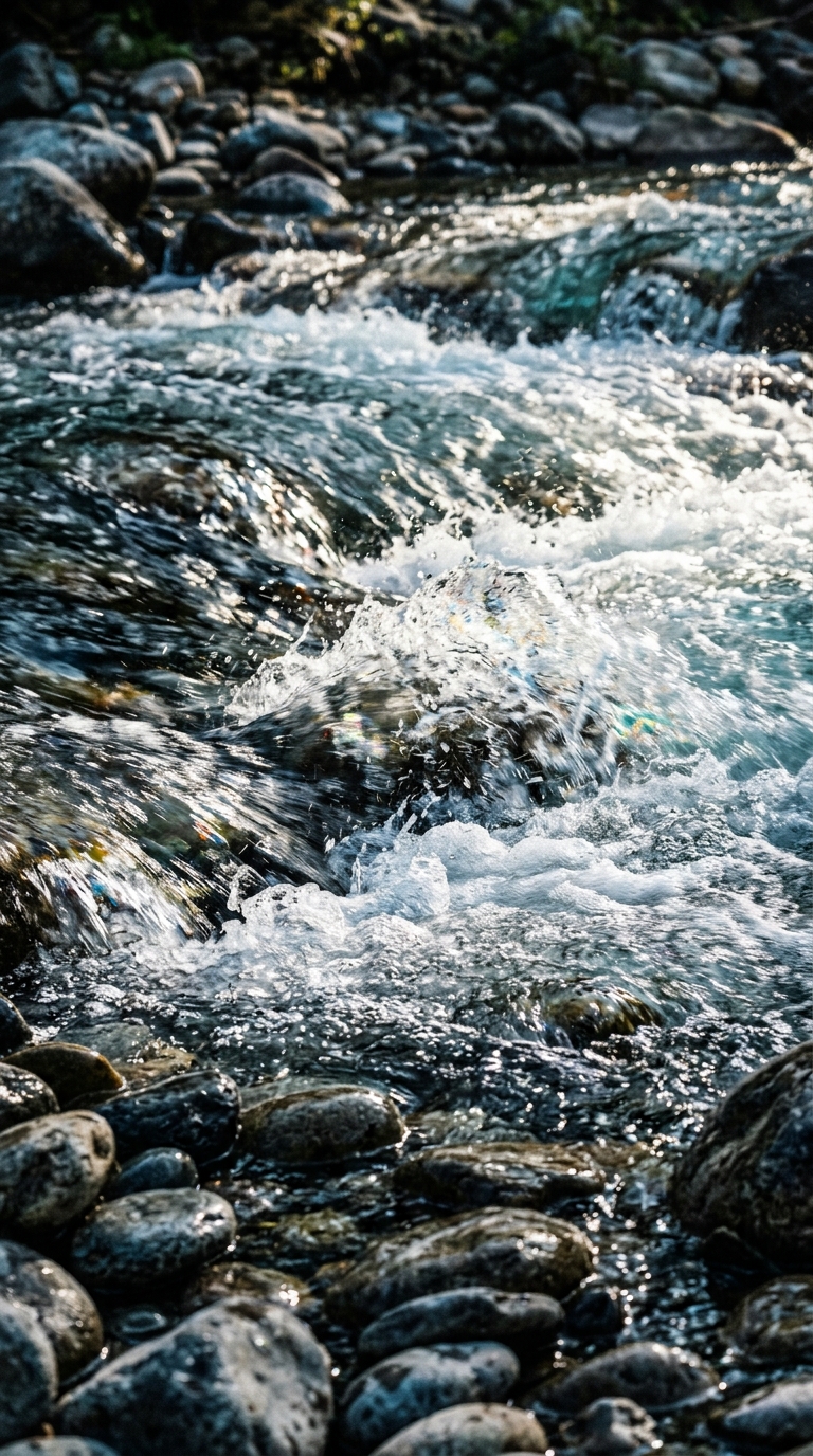 A close-up view of flowing water over smooth stones in a river.