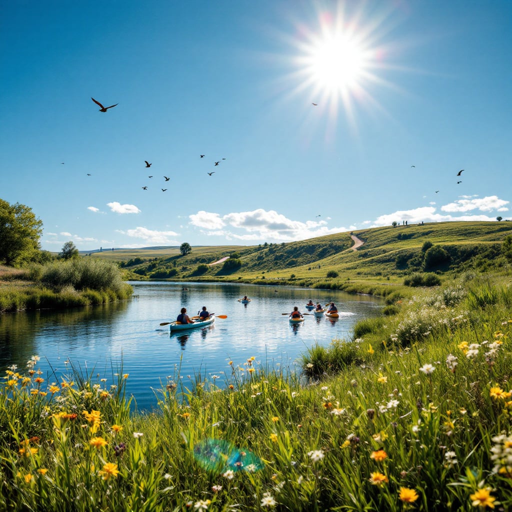 A group of people kayaking on a calm river surrounded by greenery and wildflowers under a bright sun.