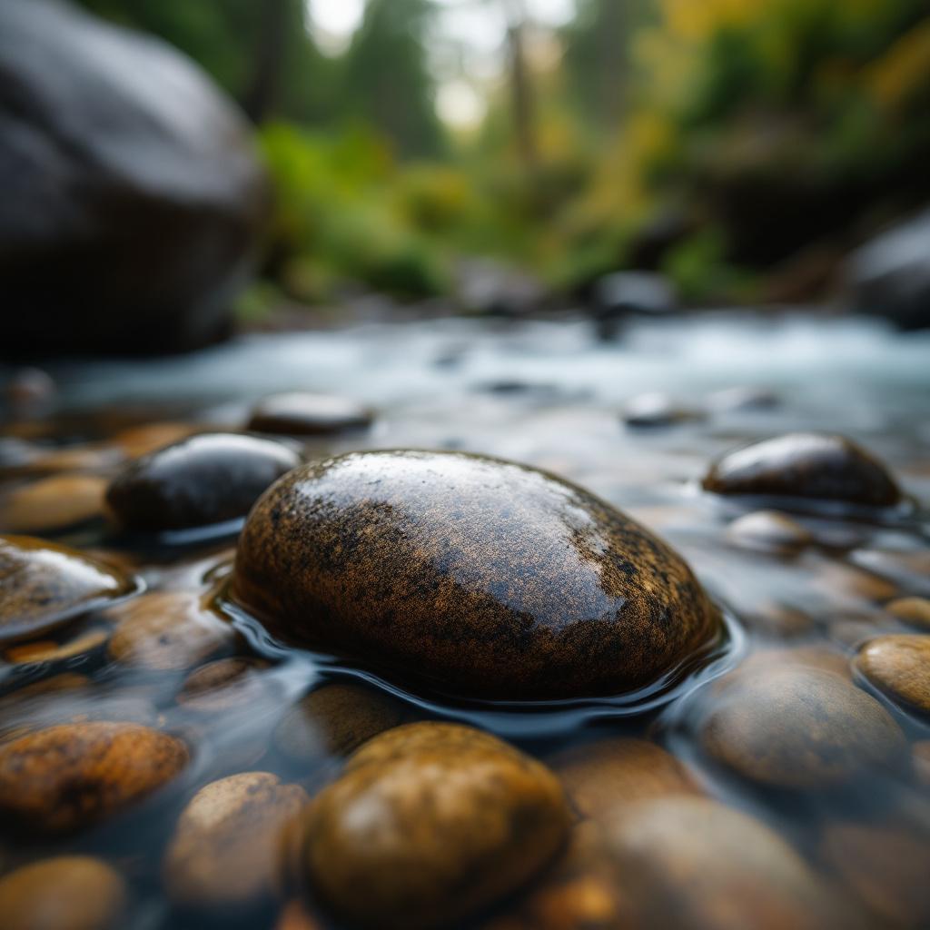 A close-up view of smooth stones in a shallow stream with blurred greenery in the background.