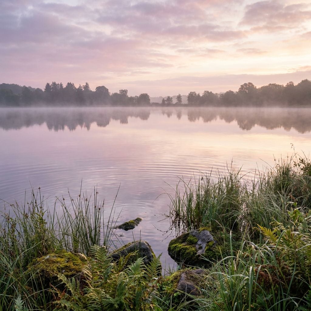A serene lake at dawn with mist rising from the water and lush greenery in the foreground.