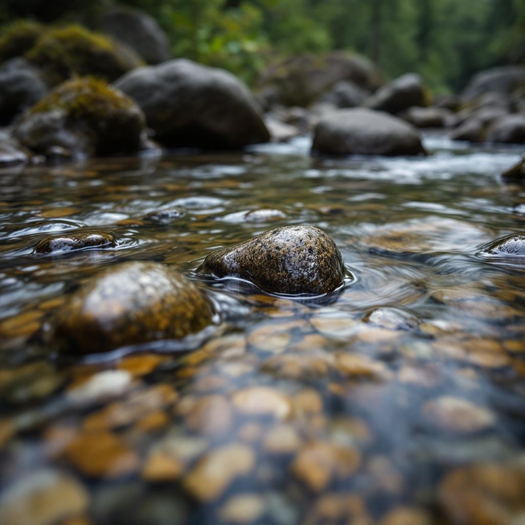 A close-up view of smooth stones submerged in clear water.