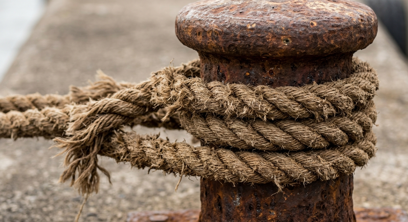 A close-up of a rusty bollard wrapped with thick rope.