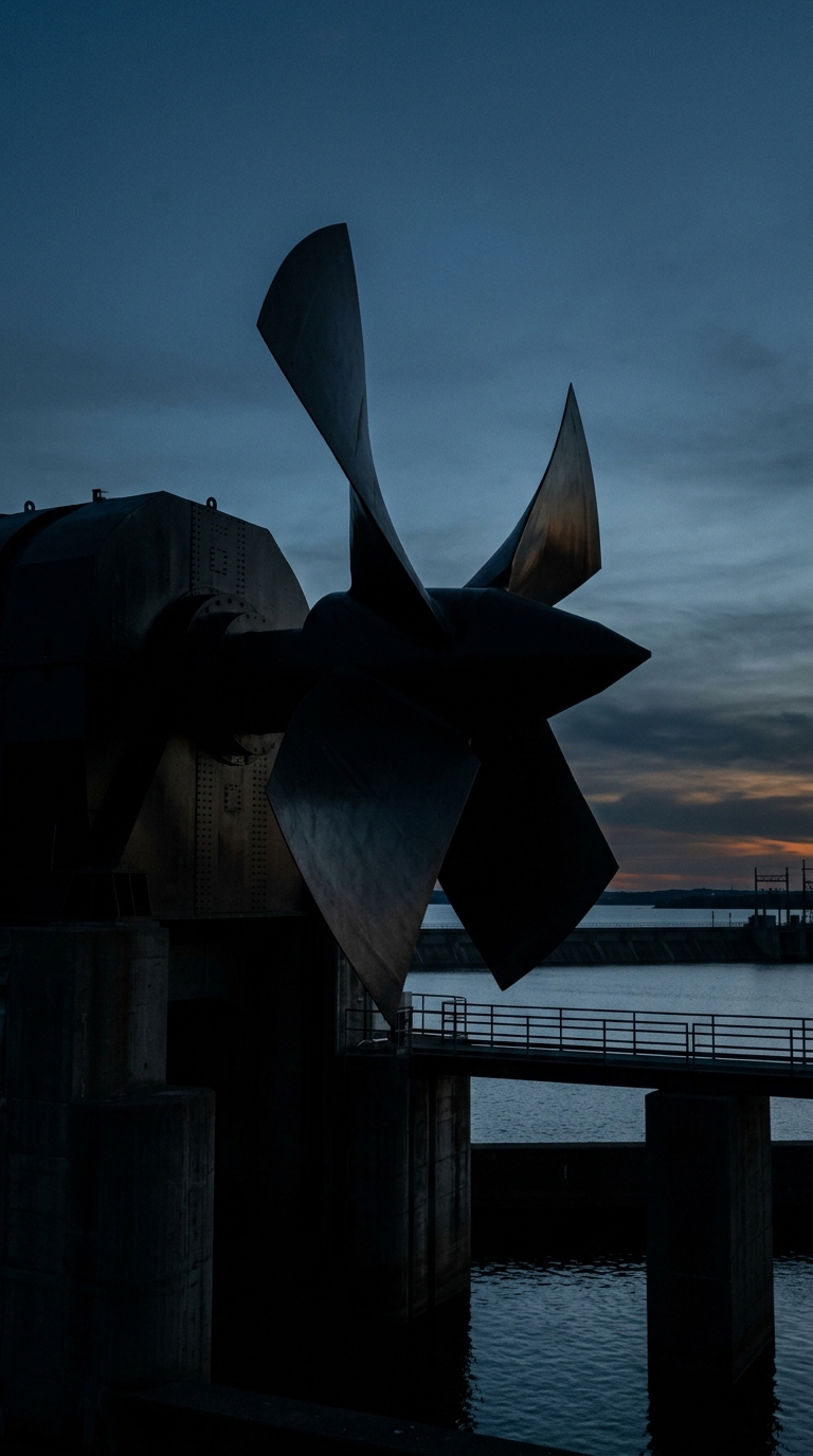 A large industrial propeller is silhouetted against a twilight sky near a body of water.