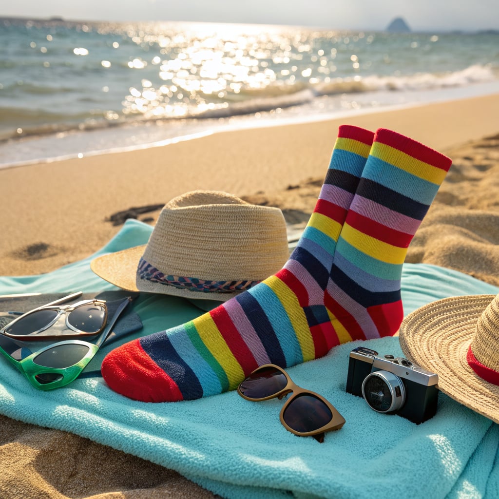 A colorful arrangement of striped socks, sunglasses, a camera, and hats on a beach towel by the shore.