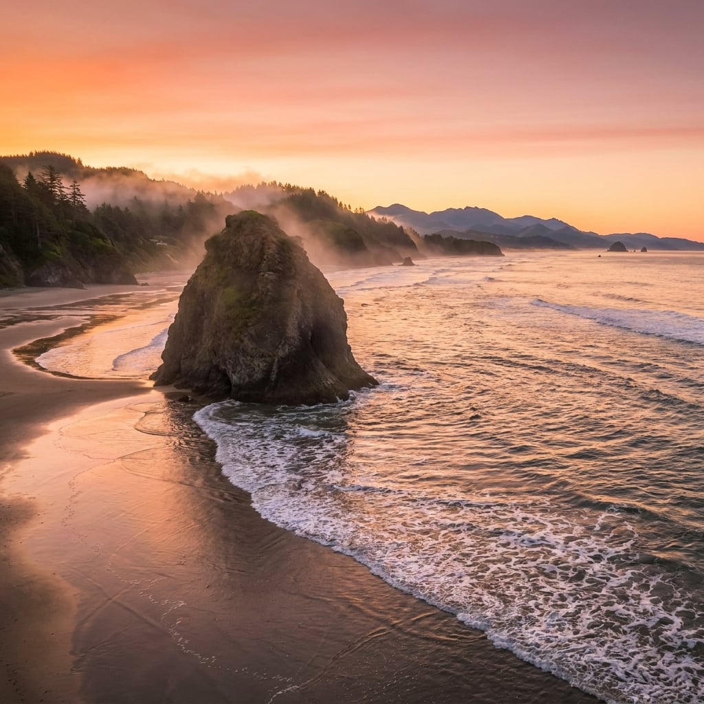 A scenic view of a rocky coastline during sunset with mist and waves.