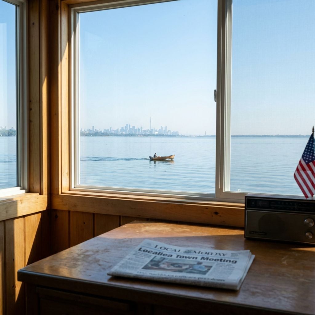 A view from a wooden interior showing a person in a small boat on a calm body of water with a city skyline in the background.
