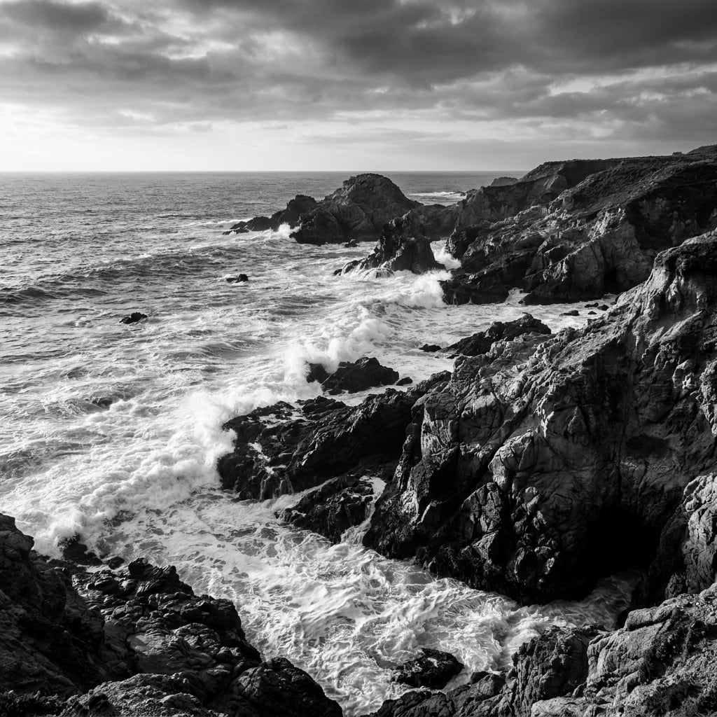 A rocky coastline with crashing waves under a cloudy sky.