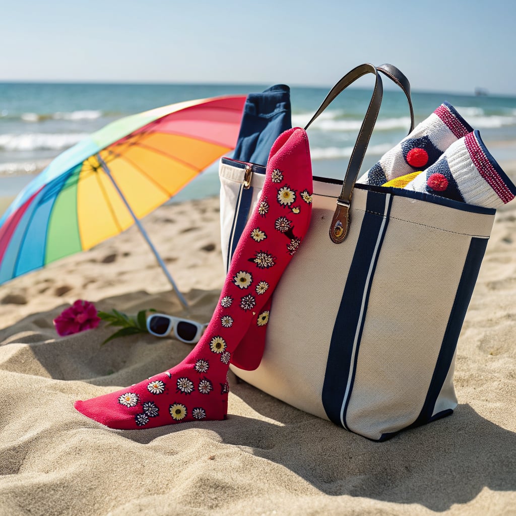 A beach scene featuring a tote bag, colorful socks, an umbrella, and sunglasses on the sand.