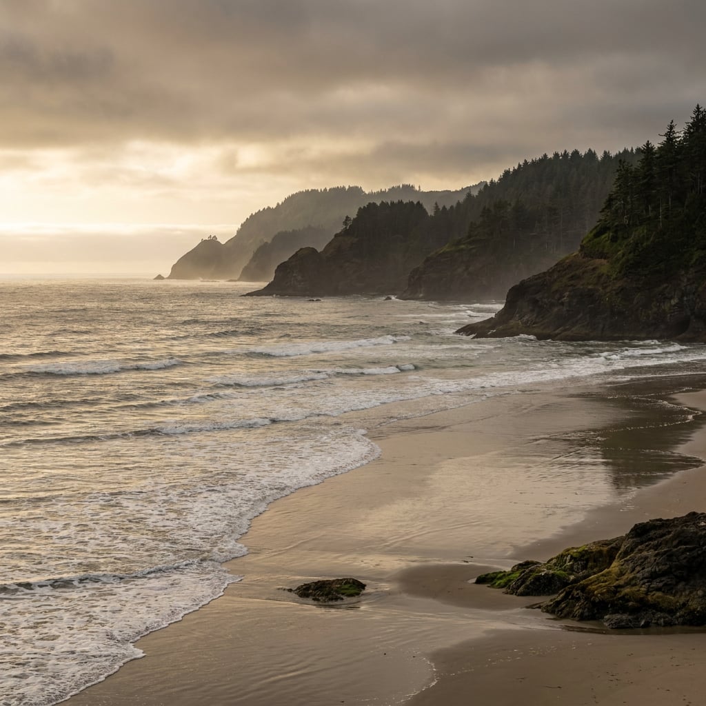 A scenic view of a rocky coastline with waves crashing on the shore under a cloudy sky.