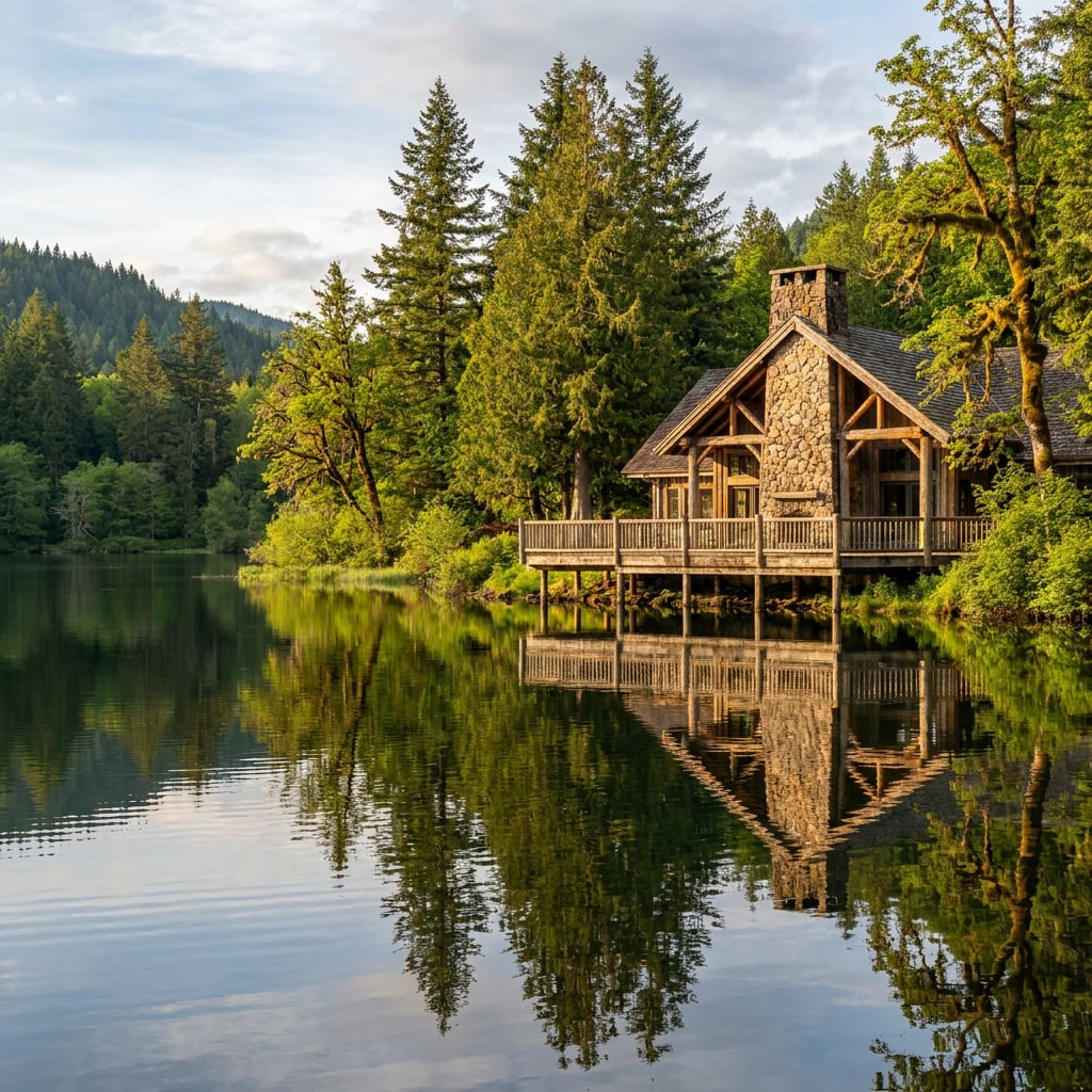 A wooden cabin with a stone facade is situated by a calm lake surrounded by trees.