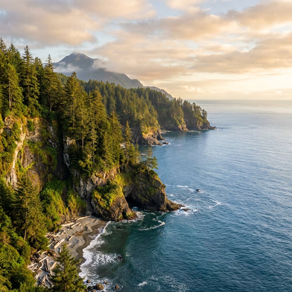 A scenic view of a coastal cliff with lush greenery and a calm ocean.