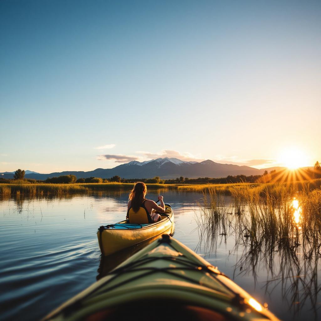 A person kayaking on a calm lake during sunset with mountains in the background.