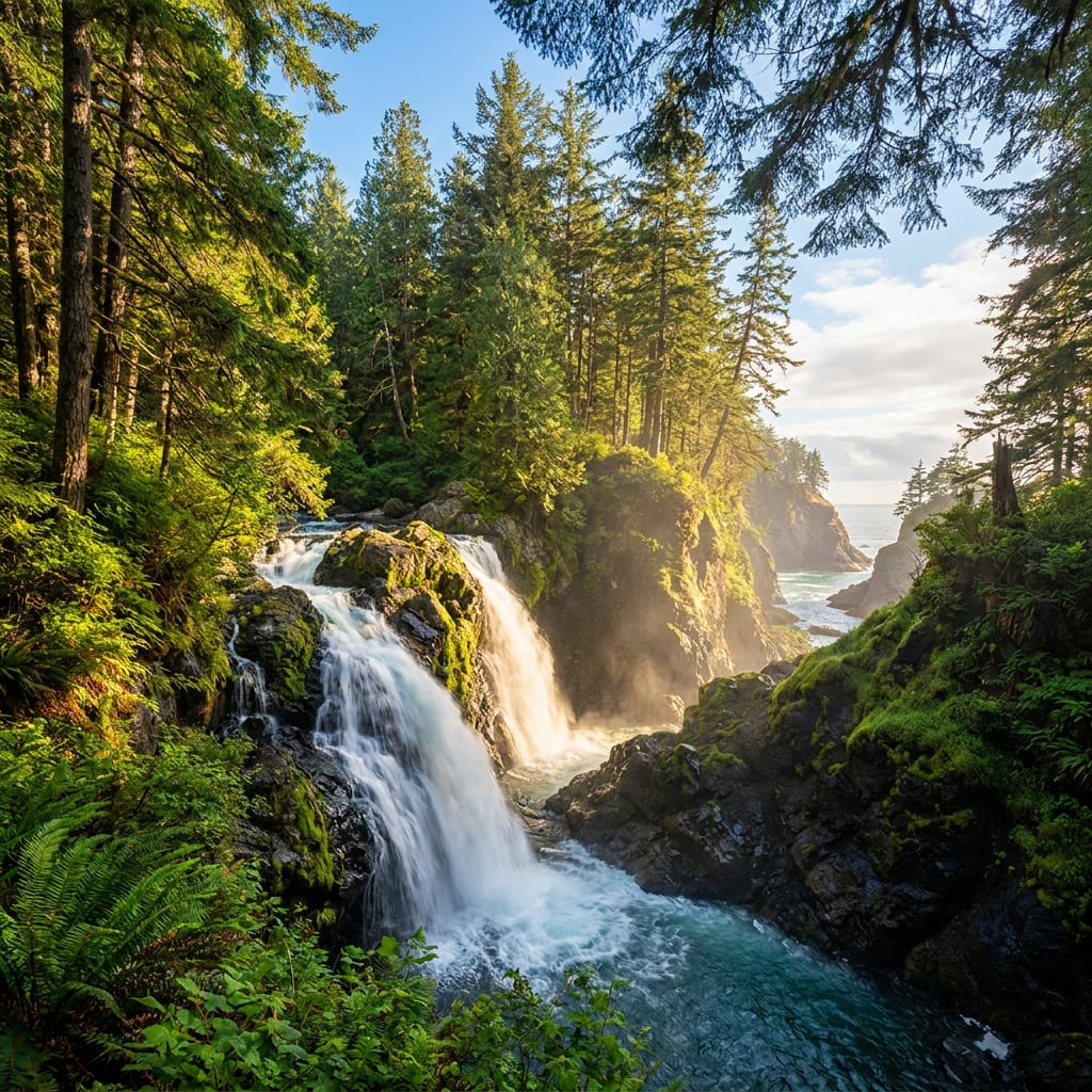 A scenic waterfall surrounded by lush green trees and a coastal view.
