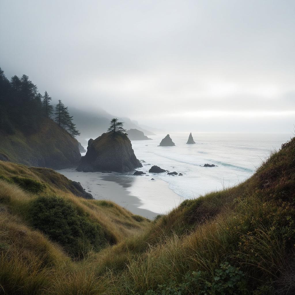 A misty coastal landscape featuring rocky formations and a sandy beach.