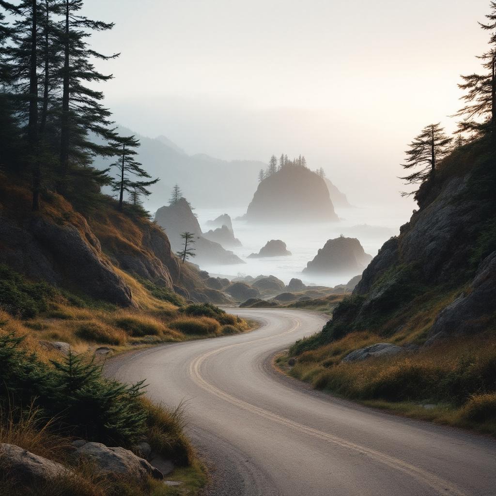 A winding road leads through rocky coastal terrain with misty mountains in the background.