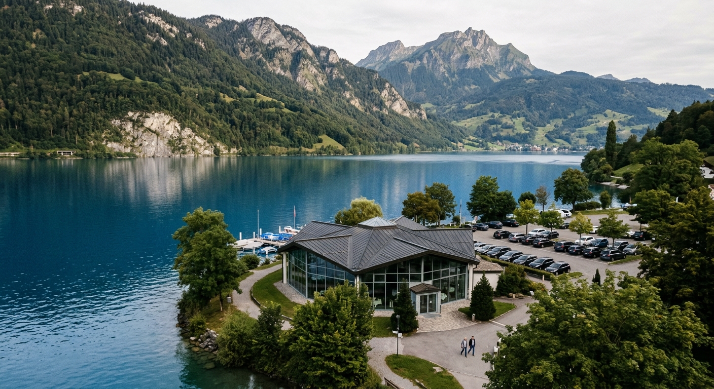 A modern building by a lake surrounded by mountains and trees.