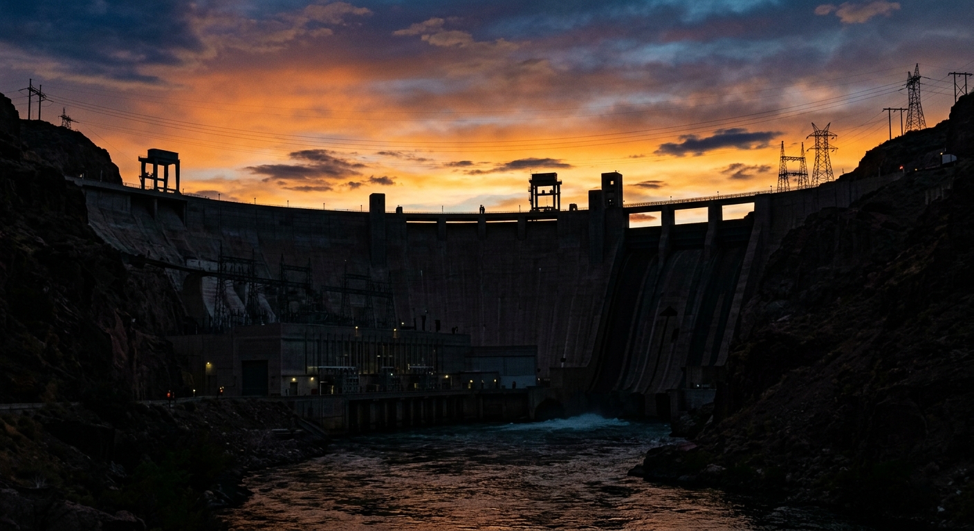 A silhouette of a dam against a colorful sunset sky.