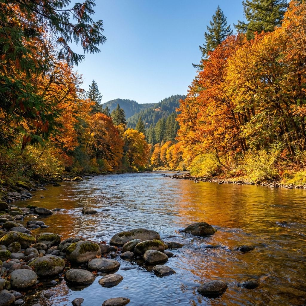 A serene river flows through a forest with vibrant autumn foliage.