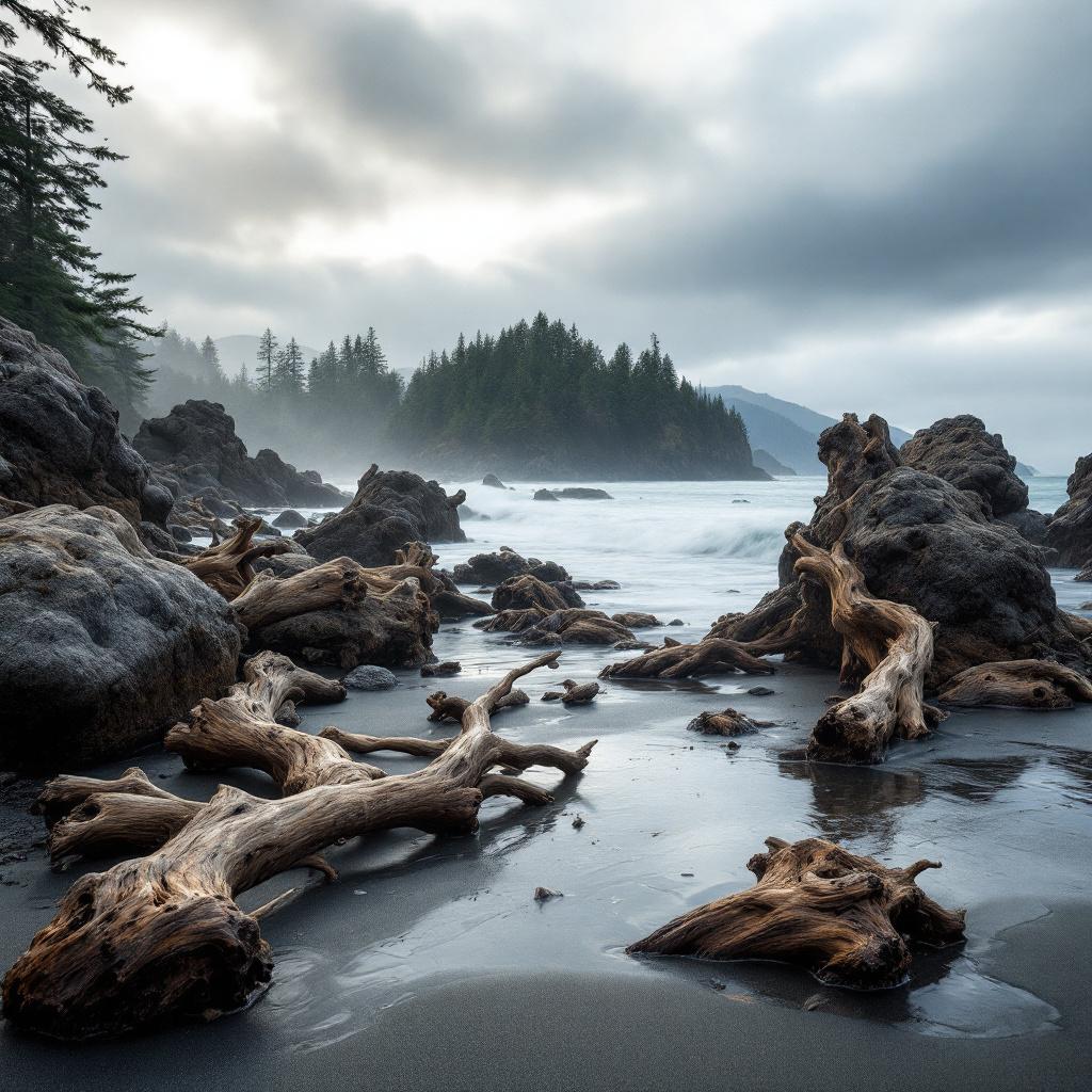 A rocky coastline with driftwood and misty mountains in the background.
