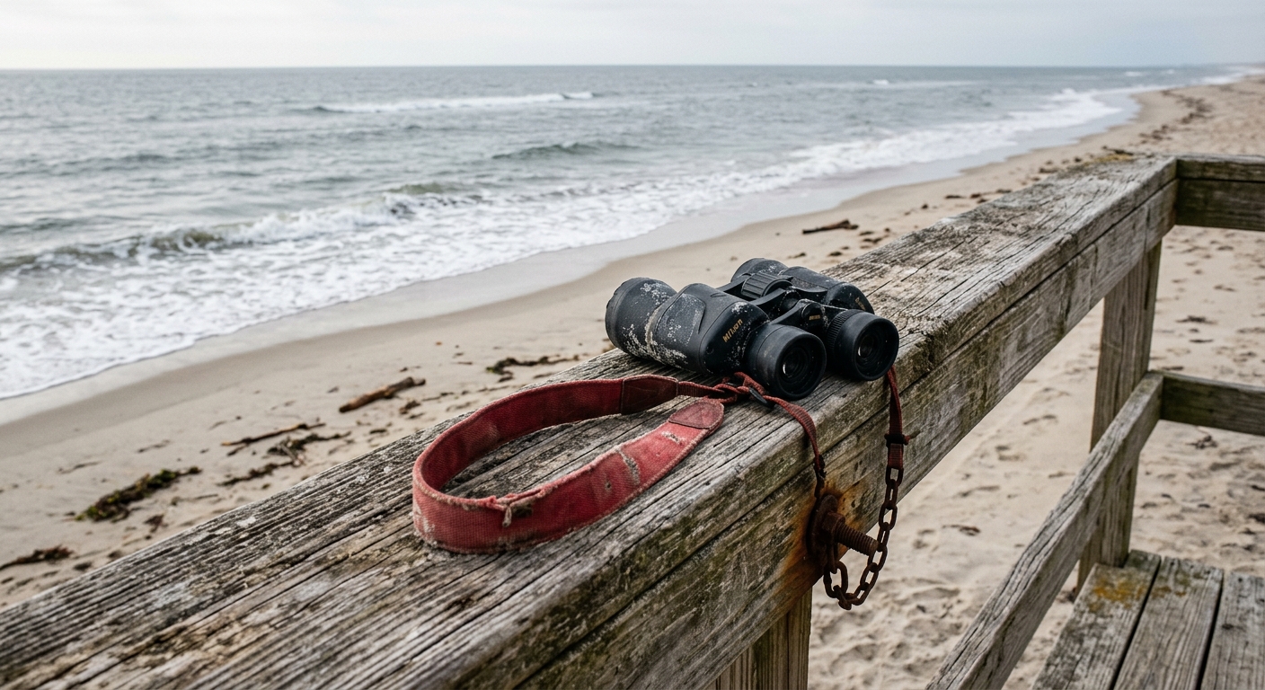 A pair of binoculars rests on a weathered wooden railing overlooking a beach and ocean.