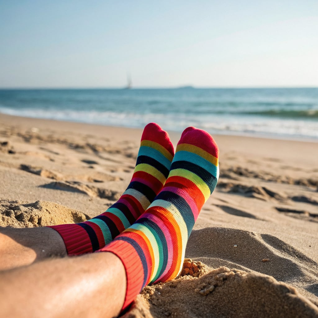 A pair of feet wearing colorful striped socks resting on the beach sand.
