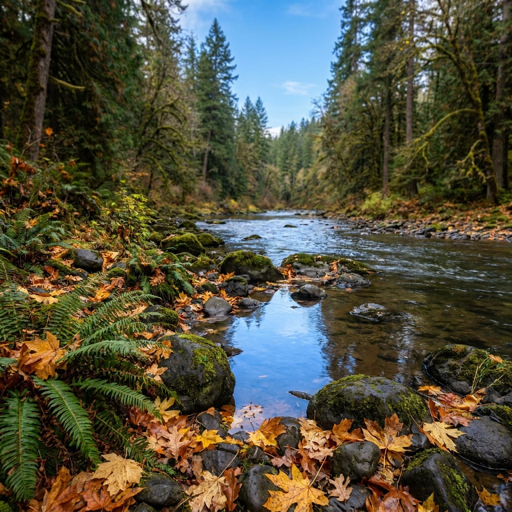 A serene river flows through a forested area with autumn leaves scattered on the ground.
