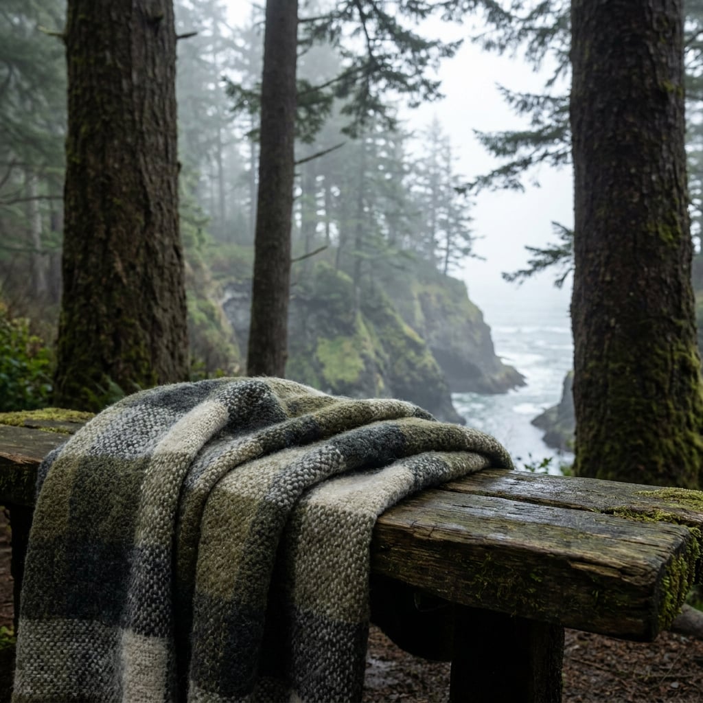 A cozy blanket is draped over a wooden bench in a misty forest by the coast.