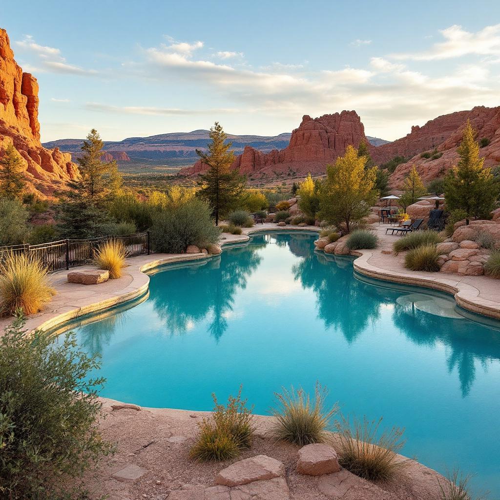 A serene swimming pool surrounded by desert landscape and rock formations.
