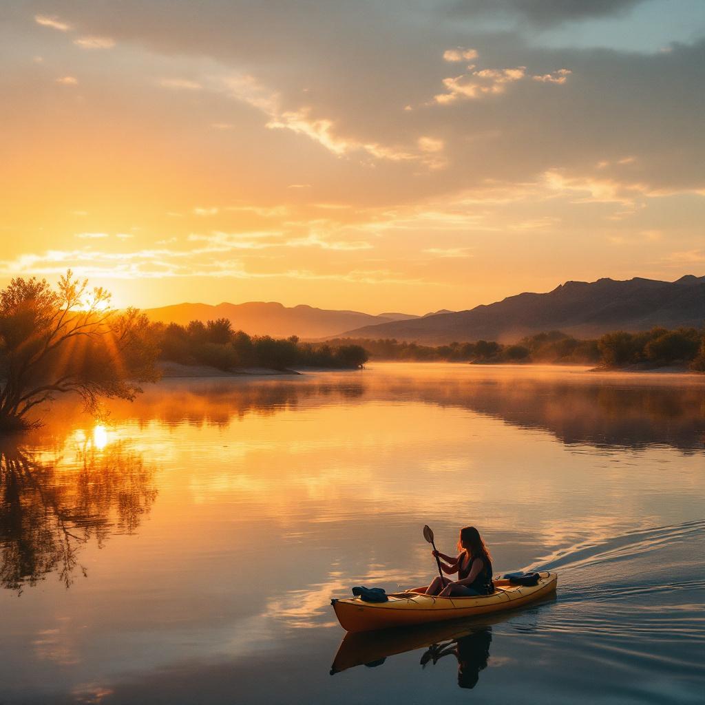 A person kayaking on a calm river during sunset.