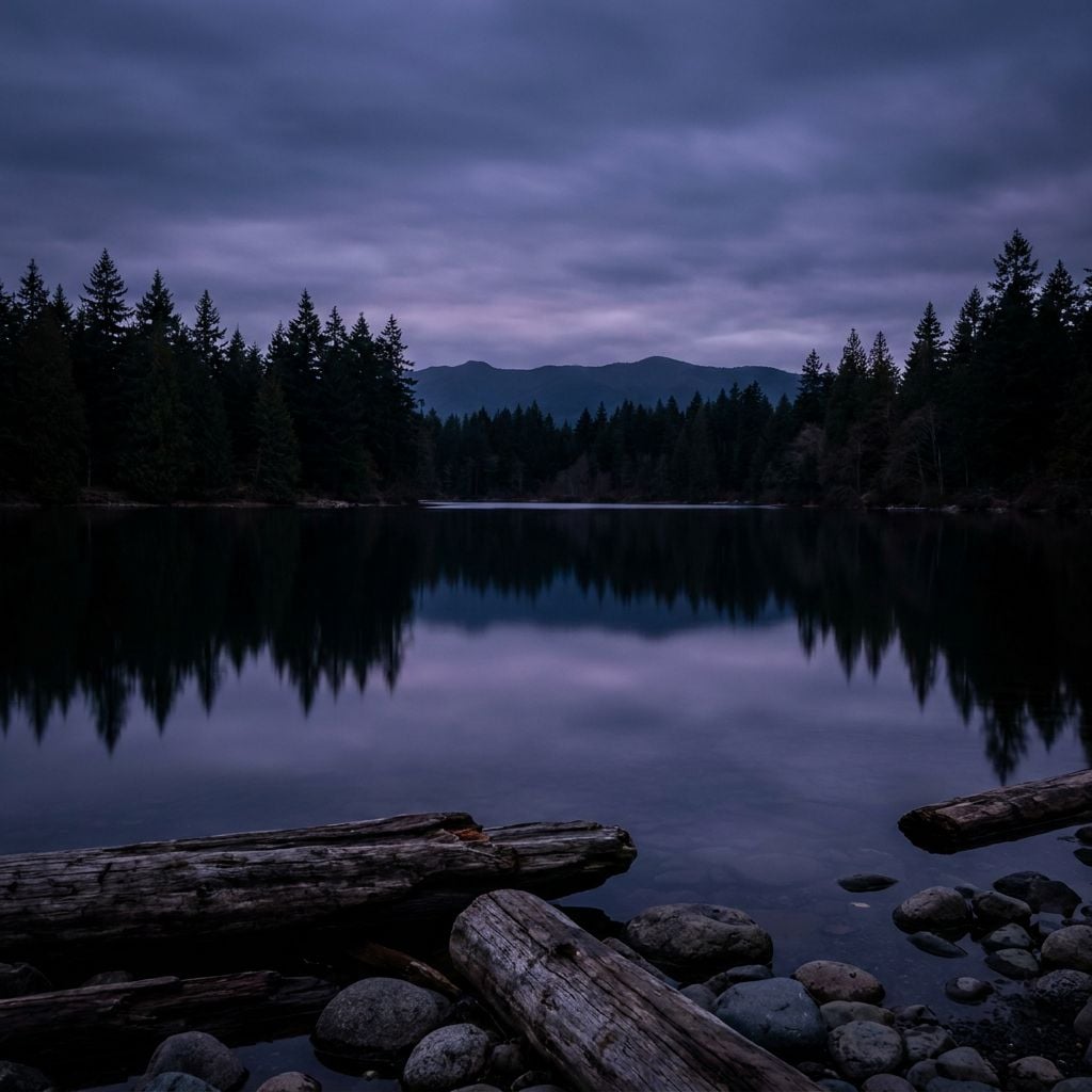A serene lake surrounded by evergreen trees and mountains under a cloudy sky.
