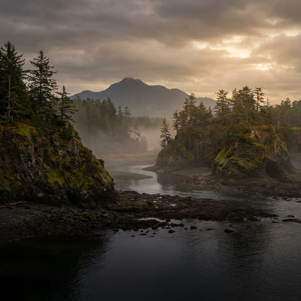 A misty coastal landscape featuring rocky cliffs and evergreen trees with a mountain in the background.