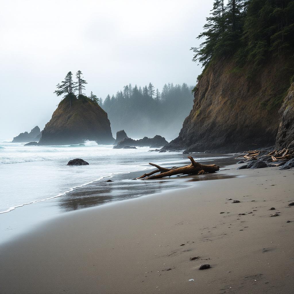 A rocky coastline with trees on top of a cliff and driftwood on the beach.