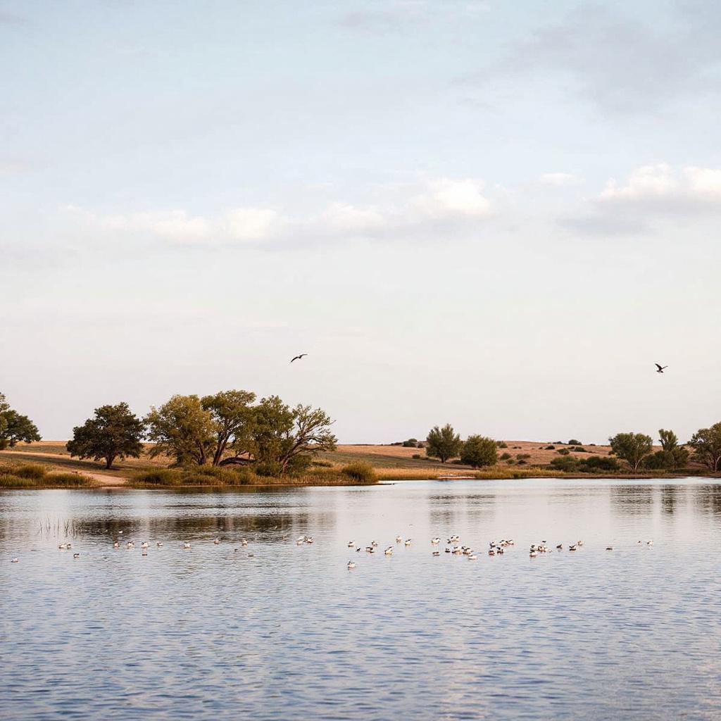 A serene lake scene with birds and trees along the shore.