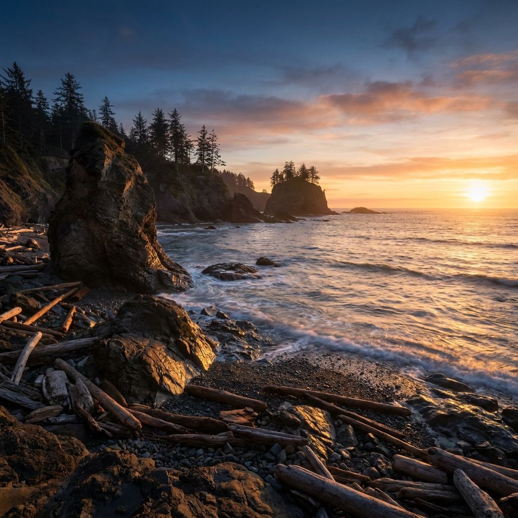 A scenic view of a rocky coastline at sunset with trees in the background.