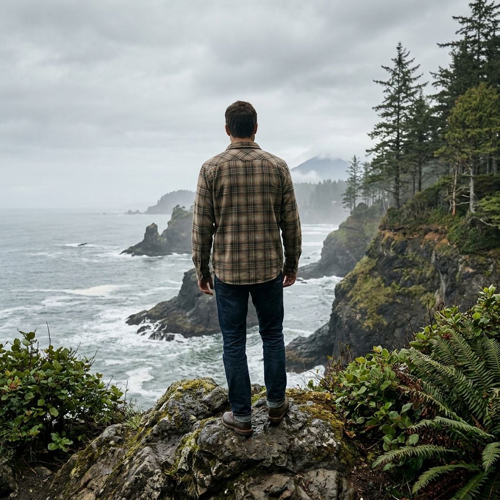 A man stands on a rocky outcrop overlooking a coastal landscape with waves crashing against the shore.