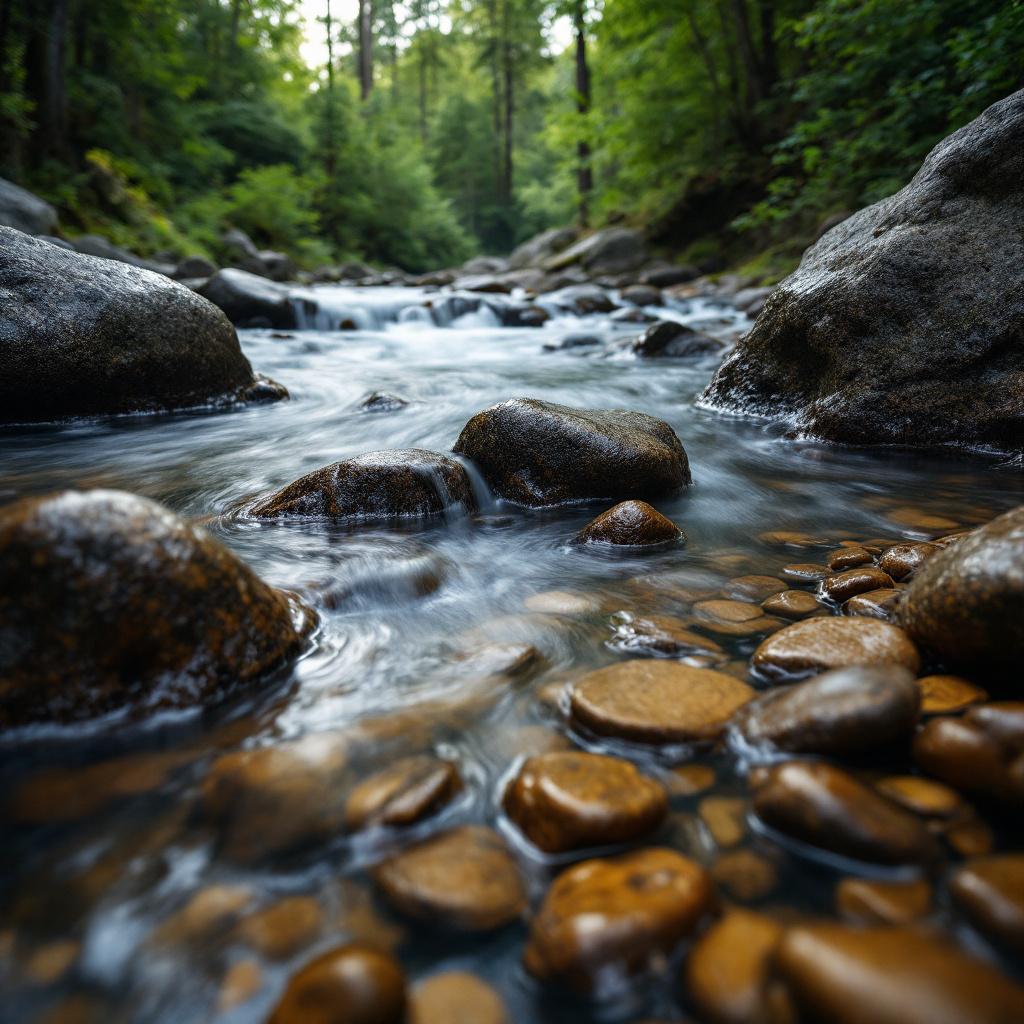 A serene river flows through a forested area with smooth stones visible in the water.